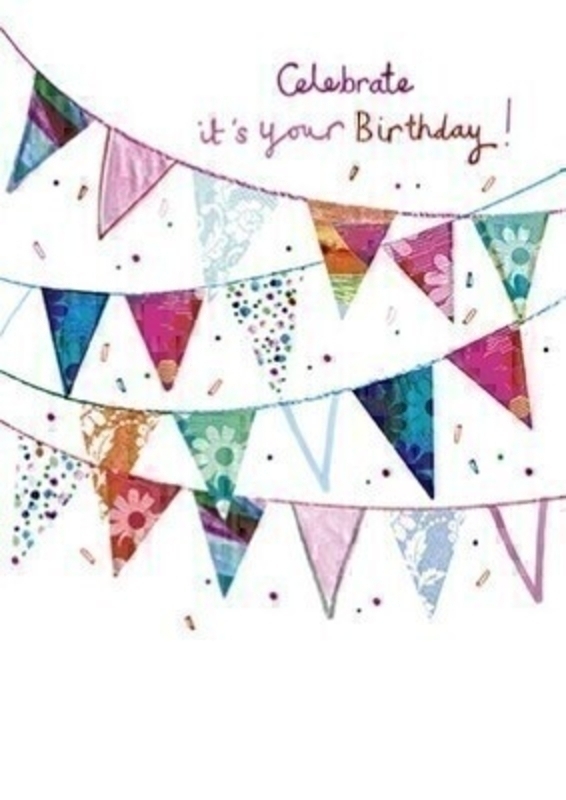 This Birthday greetings card from the Paper Rose is decorated with brightly coloured bunting and confetti. It has Celebrate Its Your Birthday! written on the front and Happy Birthday written on the inside. The card is perfect to send to someone celebrating a birthday and comes complete with a purple envelope.